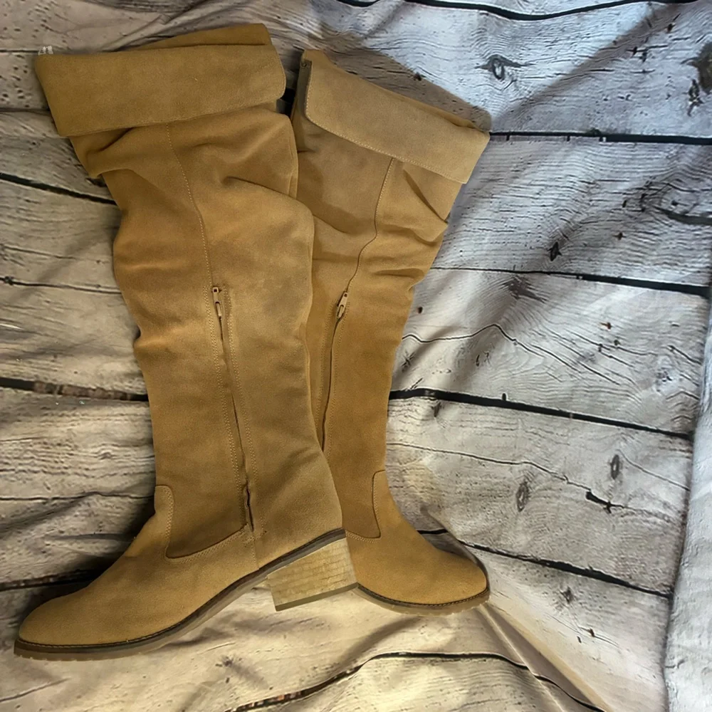 Matisse Womens Tall Tan Slouchy Foldover Suede Zip Up Block Heel Boots Sz 10 GUC